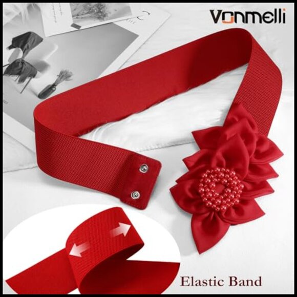 Wide Elastic Belt with Flower Pearl Decoration Stretchy Snap Closure main image 6